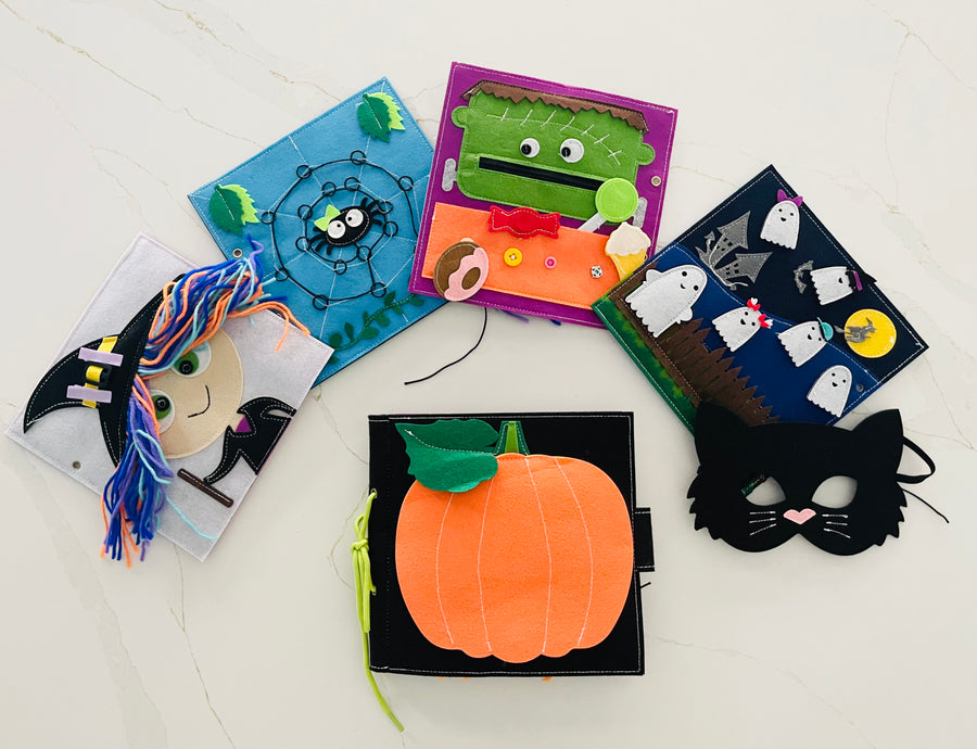 Halloween themed felt book with black cat mask for dress up and imaginary play